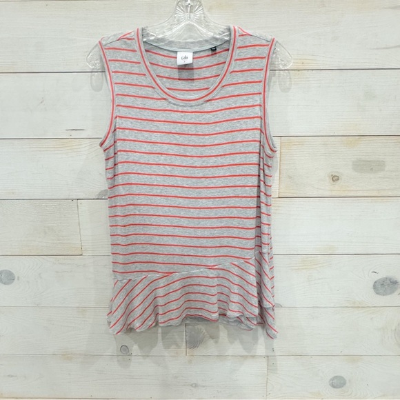 Cabi gray/ orange striped sleeveless ruffle/ flounce top ❤️ - Picture 2 of 6
